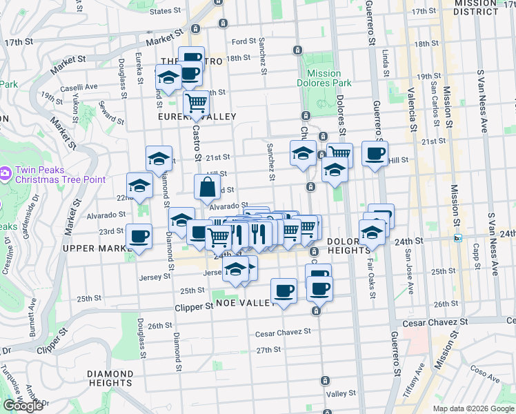 map of restaurants, bars, coffee shops, grocery stores, and more near 449 Alvarado Street in San Francisco