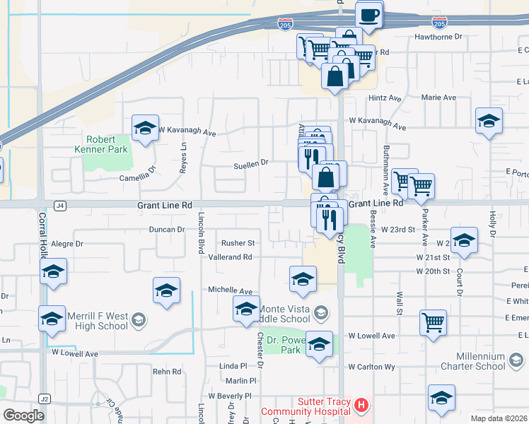 map of restaurants, bars, coffee shops, grocery stores, and more near 1101 Johnson Court in Tracy