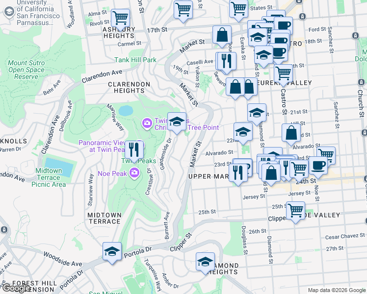map of restaurants, bars, coffee shops, grocery stores, and more near 814 Corbett Avenue in San Francisco