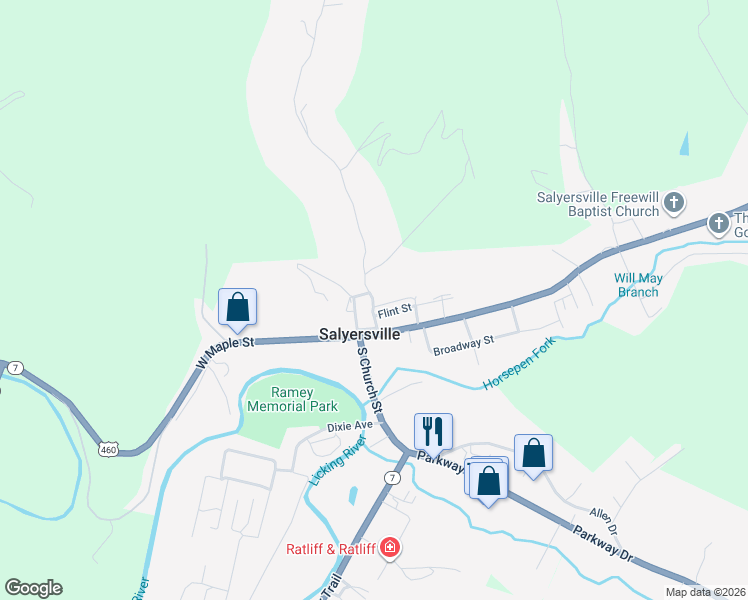 map of restaurants, bars, coffee shops, grocery stores, and more near 312 Coal Branch Road in Salyersville
