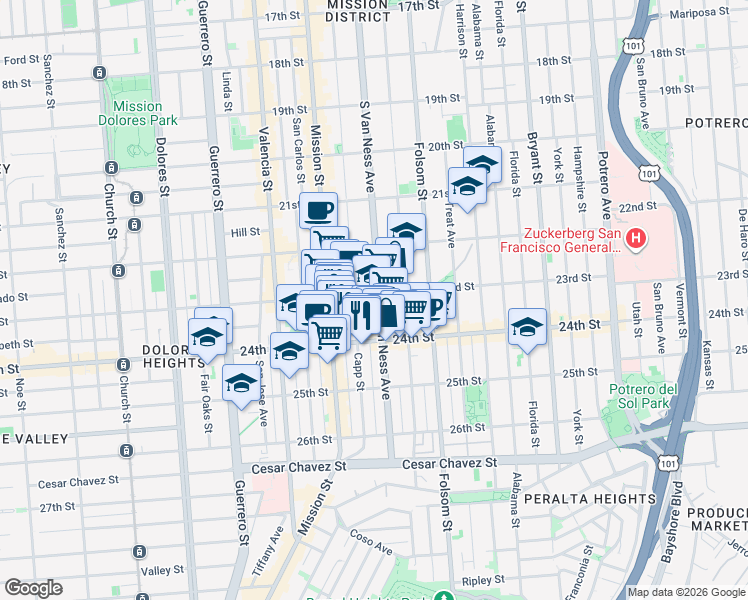 map of restaurants, bars, coffee shops, grocery stores, and more near 3201 23rd Street in San Francisco
