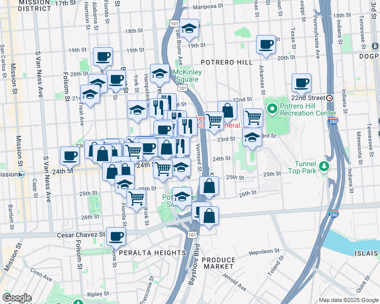map of restaurants, bars, coffee shops, grocery stores, and more near 1221 San Bruno Avenue in San Francisco
