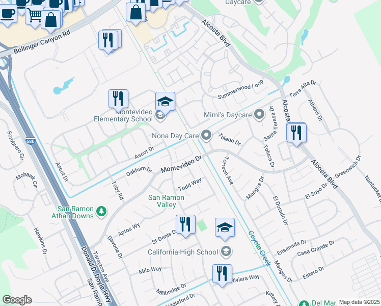 map of restaurants, bars, coffee shops, grocery stores, and more near Foxboro Court in San Ramon
