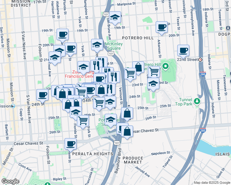 map of restaurants, bars, coffee shops, grocery stores, and more near 1221 San Bruno Avenue in San Francisco