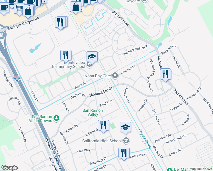 map of restaurants, bars, coffee shops, grocery stores, and more near 10013 Foxboro Circle in San Ramon