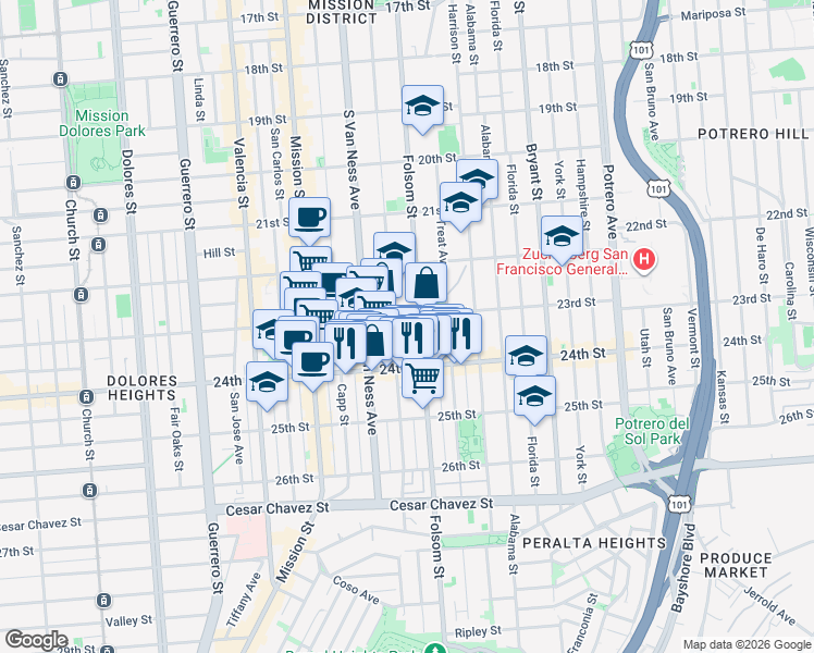 map of restaurants, bars, coffee shops, grocery stores, and more near 937 Shotwell Street in San Francisco