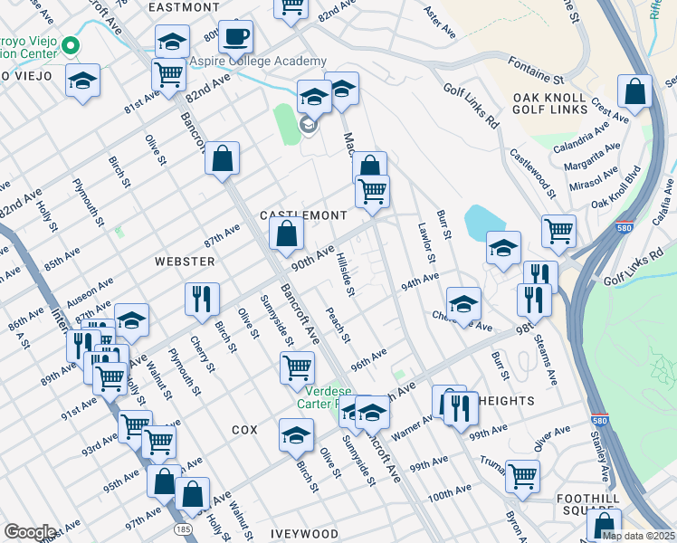map of restaurants, bars, coffee shops, grocery stores, and more near 9207 Hillside Street in Oakland