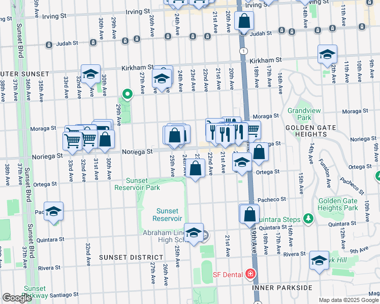 map of restaurants, bars, coffee shops, grocery stores, and more near 1639 Noriega Street in San Francisco