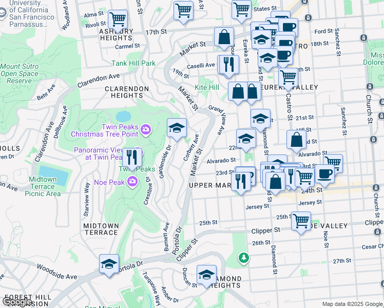 map of restaurants, bars, coffee shops, grocery stores, and more near 801 Corbett Avenue in San Francisco
