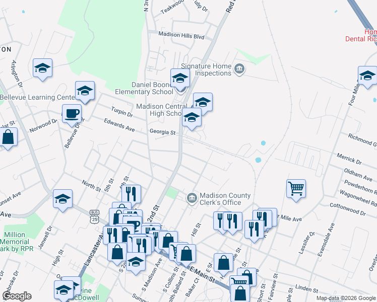 map of restaurants, bars, coffee shops, grocery stores, and more near 142 East Walnut Street in Richmond