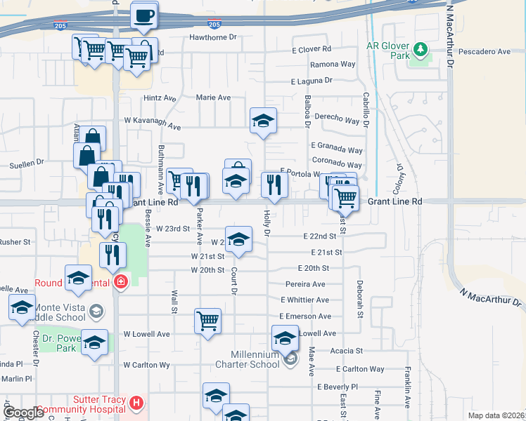 map of restaurants, bars, coffee shops, grocery stores, and more near 2331 Holly Drive in Tracy
