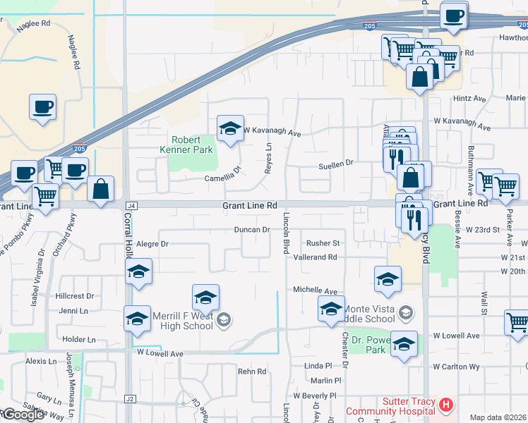 map of restaurants, bars, coffee shops, grocery stores, and more near 1512 Swarthout Court in Tracy