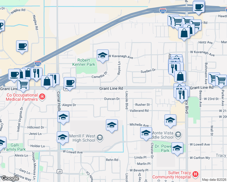 map of restaurants, bars, coffee shops, grocery stores, and more near 1622 Swarthout Court in Tracy