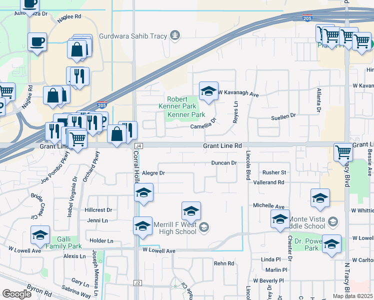 map of restaurants, bars, coffee shops, grocery stores, and more near 1760 Askren Court in Tracy