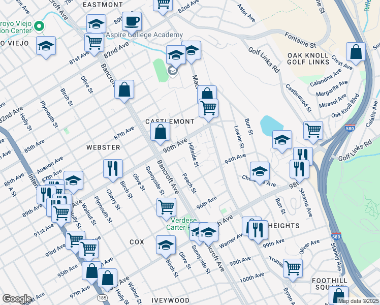 map of restaurants, bars, coffee shops, grocery stores, and more near 9207 Hillside Street in Oakland