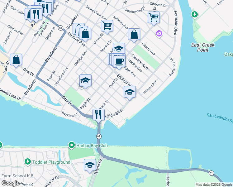 map of restaurants, bars, coffee shops, grocery stores, and more near 3262 San Jose Avenue in Alameda