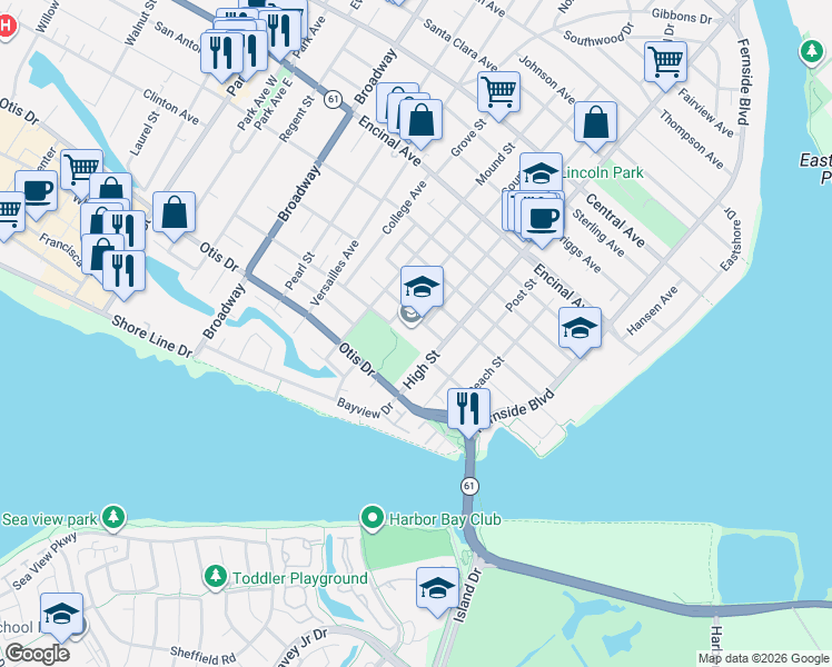 map of restaurants, bars, coffee shops, grocery stores, and more near 3310 Fillmore Street in Alameda