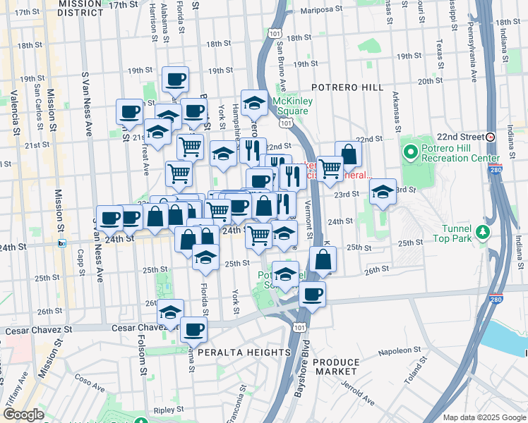 map of restaurants, bars, coffee shops, grocery stores, and more near in San Francisco