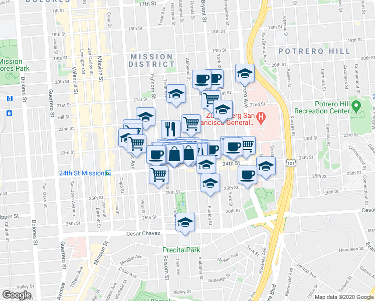 map of restaurants, bars, coffee shops, grocery stores, and more near in San Francisco