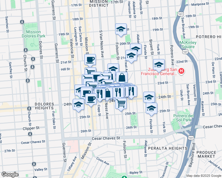 map of restaurants, bars, coffee shops, grocery stores, and more near 937 Shotwell Street in San Francisco