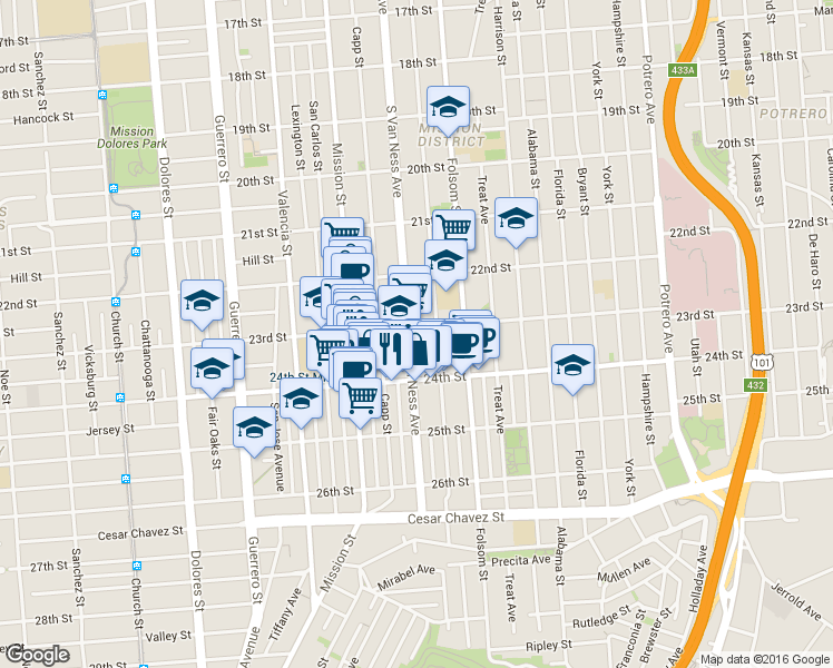 map of restaurants, bars, coffee shops, grocery stores, and more near 1218 South Van Ness Avenue in San Francisco
