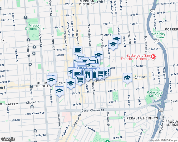 map of restaurants, bars, coffee shops, grocery stores, and more near 1218 South Van Ness Avenue in San Francisco