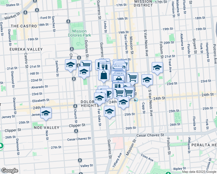 map of restaurants, bars, coffee shops, grocery stores, and more near 3555 23rd Street in San Francisco