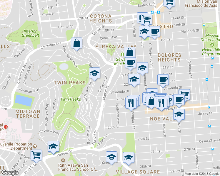 map of restaurants, bars, coffee shops, grocery stores, and more near 296 Grand View Avenue in San Francisco