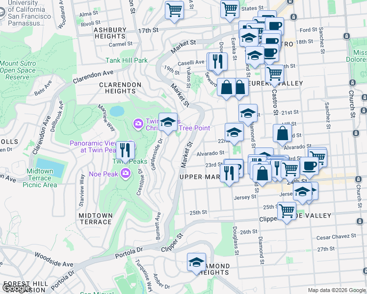 map of restaurants, bars, coffee shops, grocery stores, and more near 296 Grand View Avenue in San Francisco