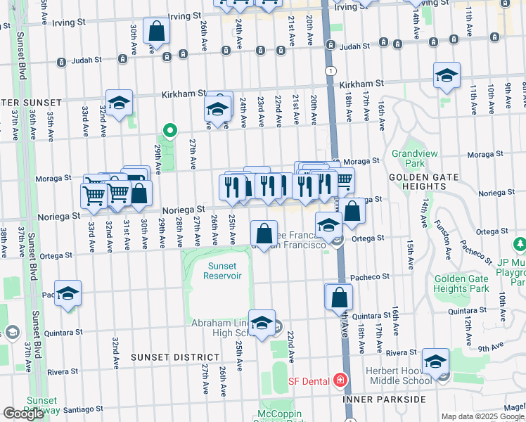 map of restaurants, bars, coffee shops, grocery stores, and more near 1825 23rd Avenue in San Francisco