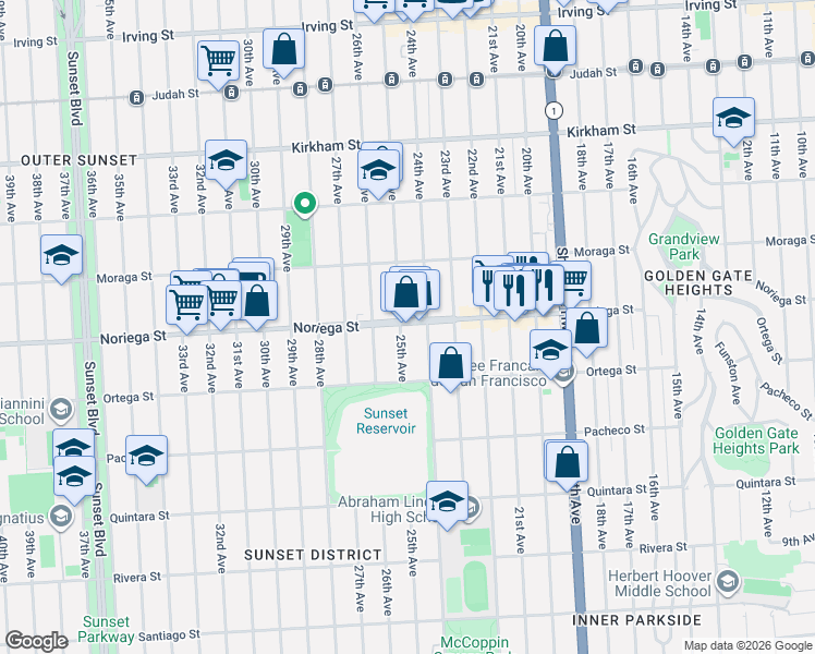 map of restaurants, bars, coffee shops, grocery stores, and more near 1755 Noriega Street in San Francisco