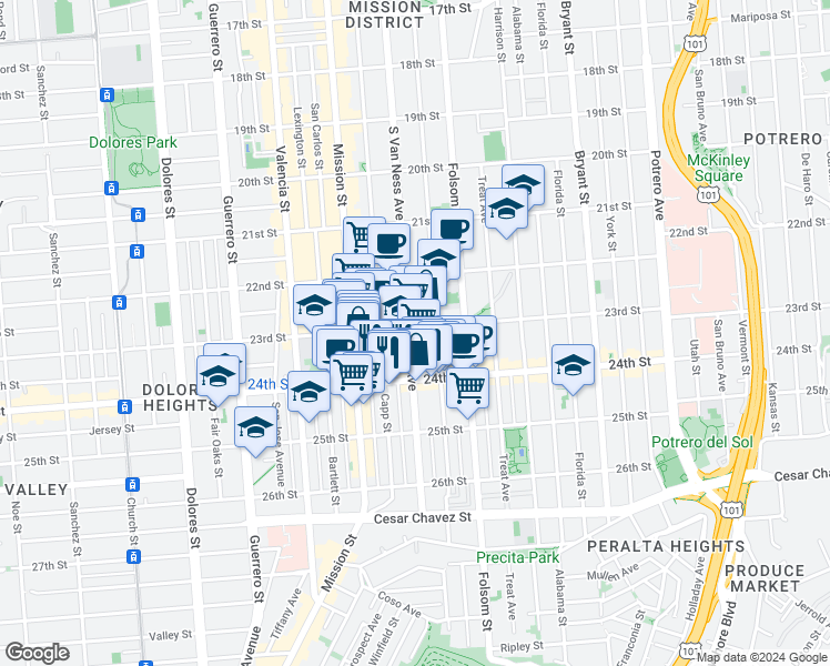 map of restaurants, bars, coffee shops, grocery stores, and more near 1211 South Van Ness Avenue in San Francisco