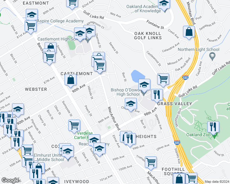 map of restaurants, bars, coffee shops, grocery stores, and more near 9340 Thermal Street in Oakland