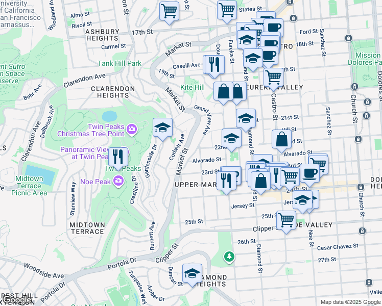 map of restaurants, bars, coffee shops, grocery stores, and more near 276 Grand View Avenue in San Francisco