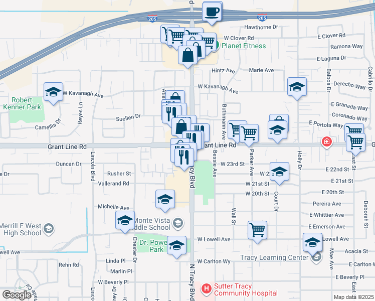 map of restaurants, bars, coffee shops, grocery stores, and more near 2375 North Tracy Boulevard in Tracy