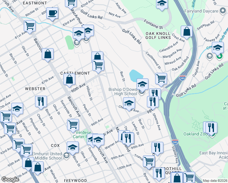 map of restaurants, bars, coffee shops, grocery stores, and more near 9340 Thermal Street in Oakland