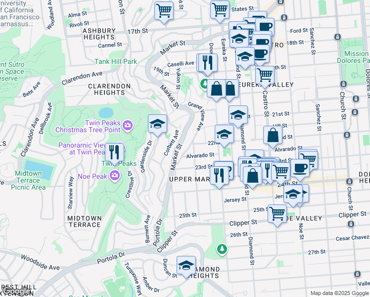map of restaurants, bars, coffee shops, grocery stores, and more near 296 Grand View Avenue in San Francisco