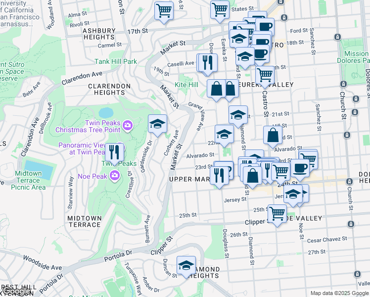 map of restaurants, bars, coffee shops, grocery stores, and more near 2 Grand View Avenue in San Francisco