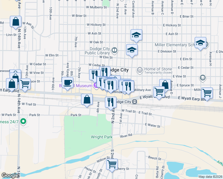 map of restaurants, bars, coffee shops, grocery stores, and more near 315 Gunsmoke Street in Dodge City