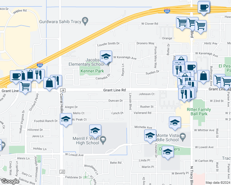 map of restaurants, bars, coffee shops, grocery stores, and more near 1611 Swarthout Court in Tracy