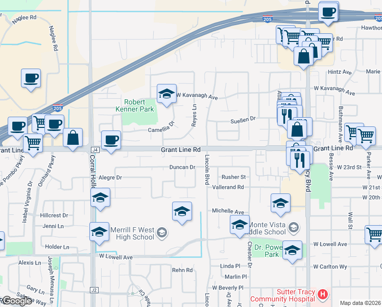 map of restaurants, bars, coffee shops, grocery stores, and more near 1512 Swarthout Court in Tracy