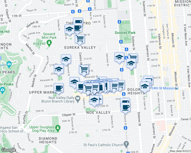 map of restaurants, bars, coffee shops, grocery stores, and more near Noe Street & Alvarado Street in San Francisco