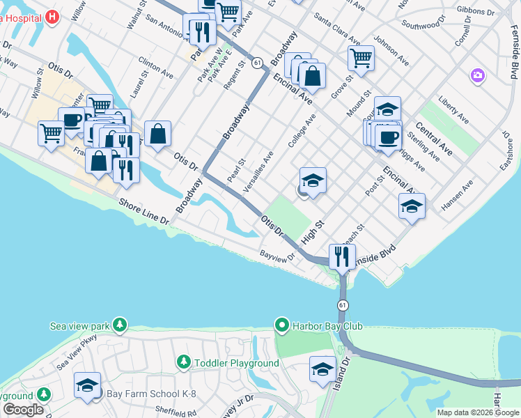 map of restaurants, bars, coffee shops, grocery stores, and more near 2829 Otis Drive in Alameda