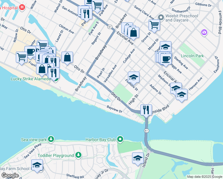 map of restaurants, bars, coffee shops, grocery stores, and more near 2829 Otis Drive in Alameda