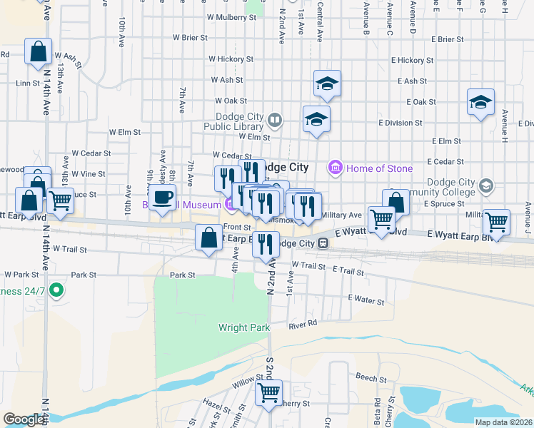map of restaurants, bars, coffee shops, grocery stores, and more near 315 Gunsmoke Street in Dodge City