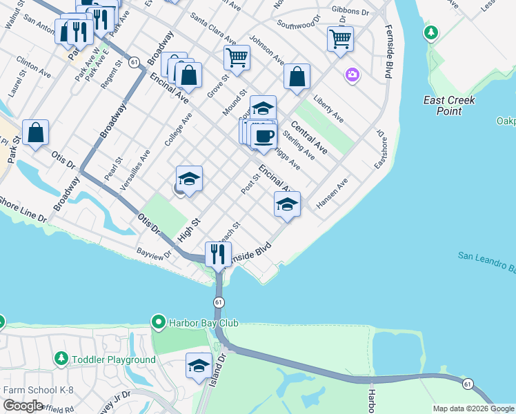 map of restaurants, bars, coffee shops, grocery stores, and more near 3262 San Jose Avenue in Alameda