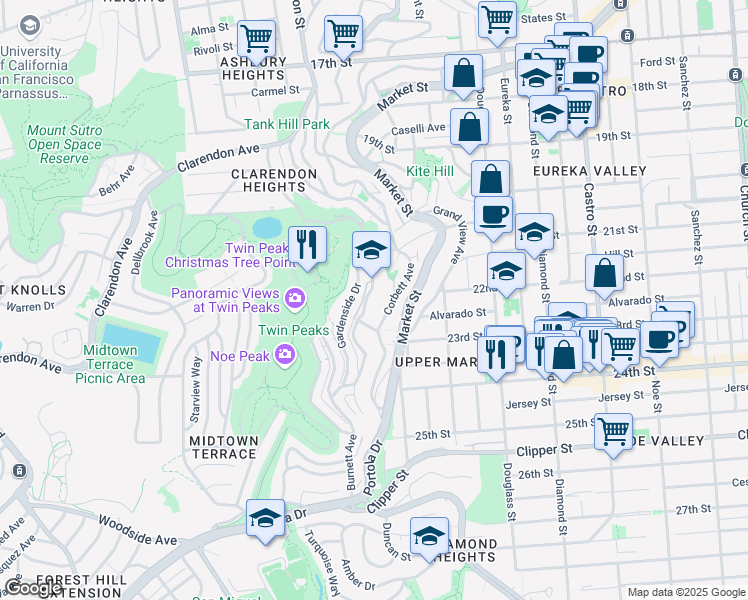 map of restaurants, bars, coffee shops, grocery stores, and more near 455 Burnett Avenue in San Francisco