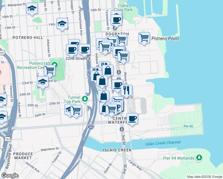 map of restaurants, bars, coffee shops, grocery stores, and more near 1444 Tennessee Street in San Francisco