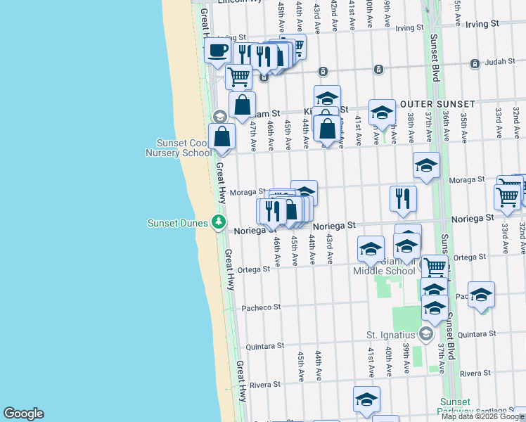 map of restaurants, bars, coffee shops, grocery stores, and more near 1770 47th Avenue in San Francisco