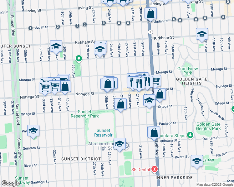 map of restaurants, bars, coffee shops, grocery stores, and more near 1639 Noriega Street in San Francisco